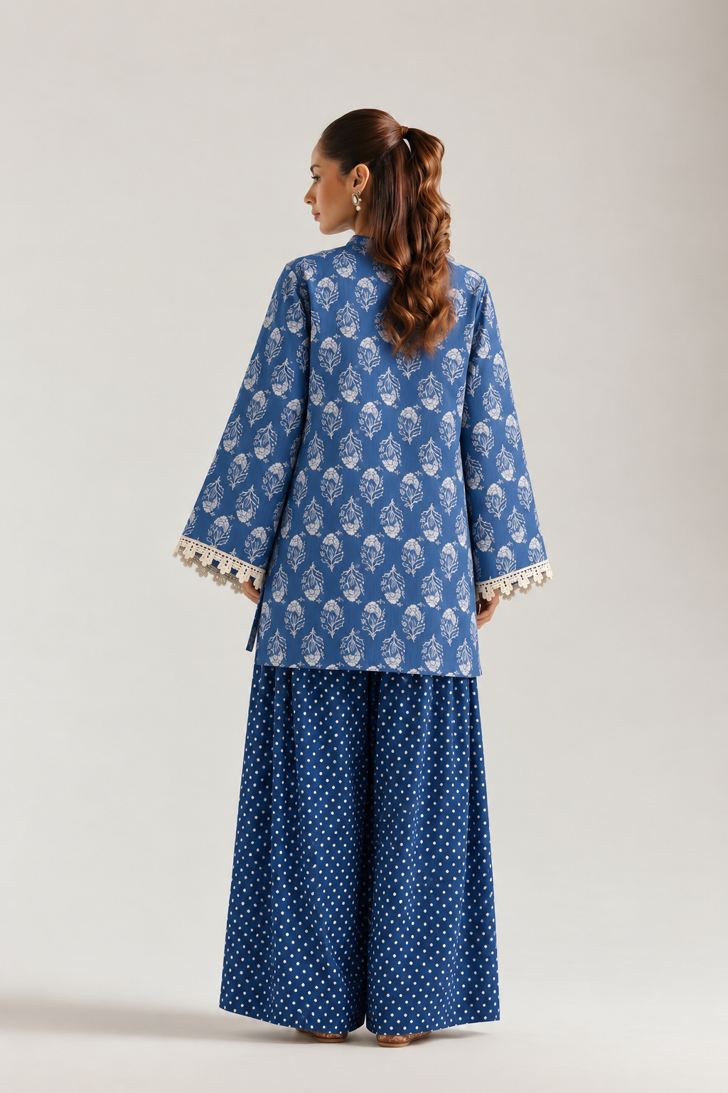 Denim Blue Block Bloom Farsi Salwar Co-ord Set for Women