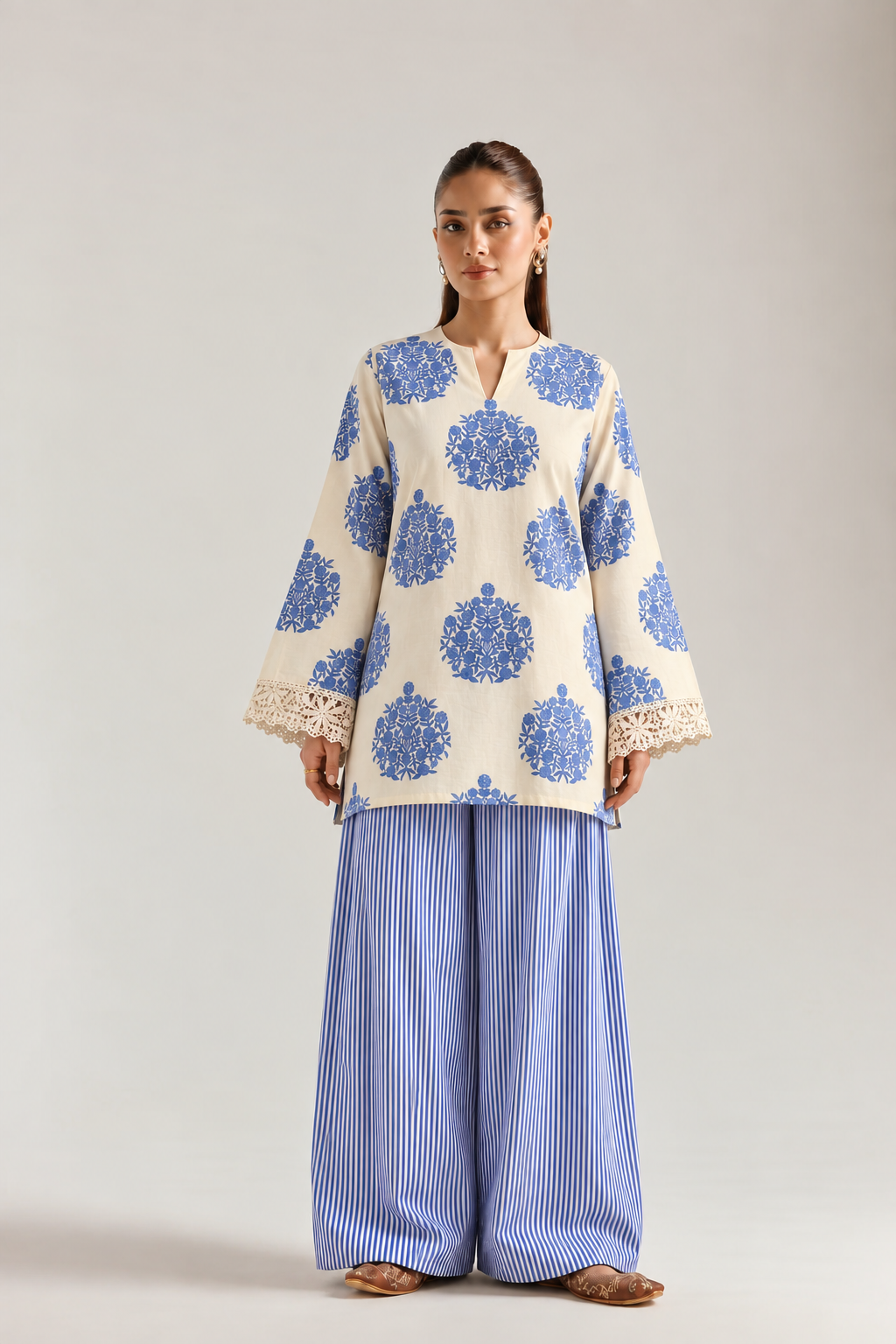 Ivory Cobalt Medallion Stripe Farsi Salwar Co-ord Set for Women