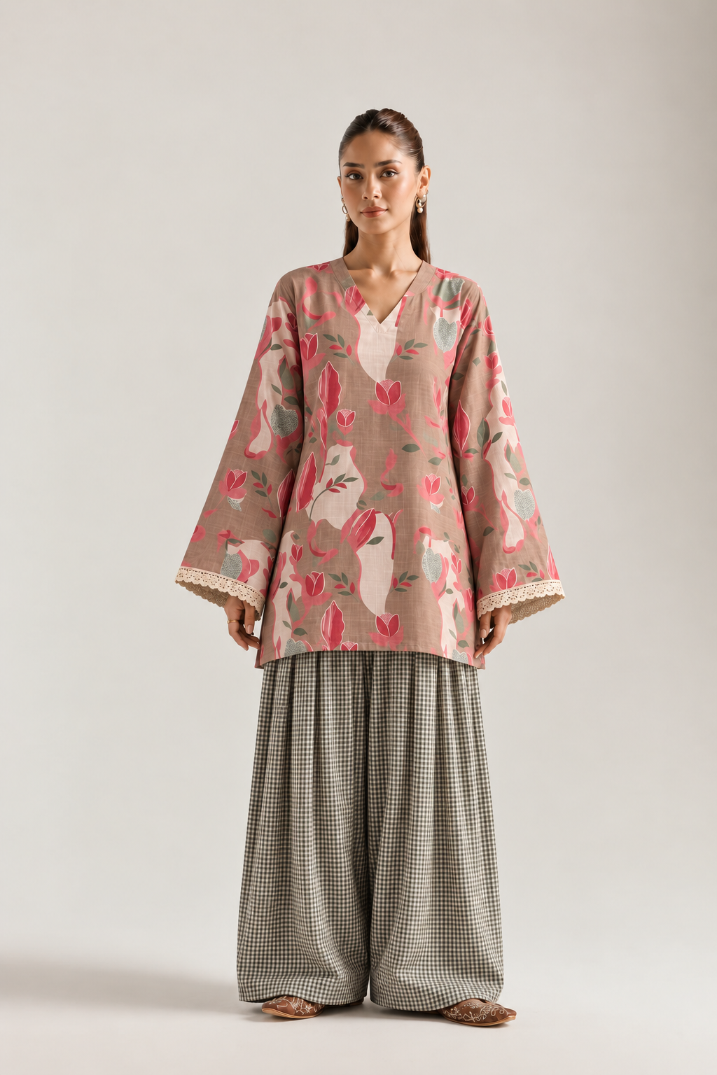 Dusty Rose Tulip Gingham Farsi Salwar Co-ord Set for Women