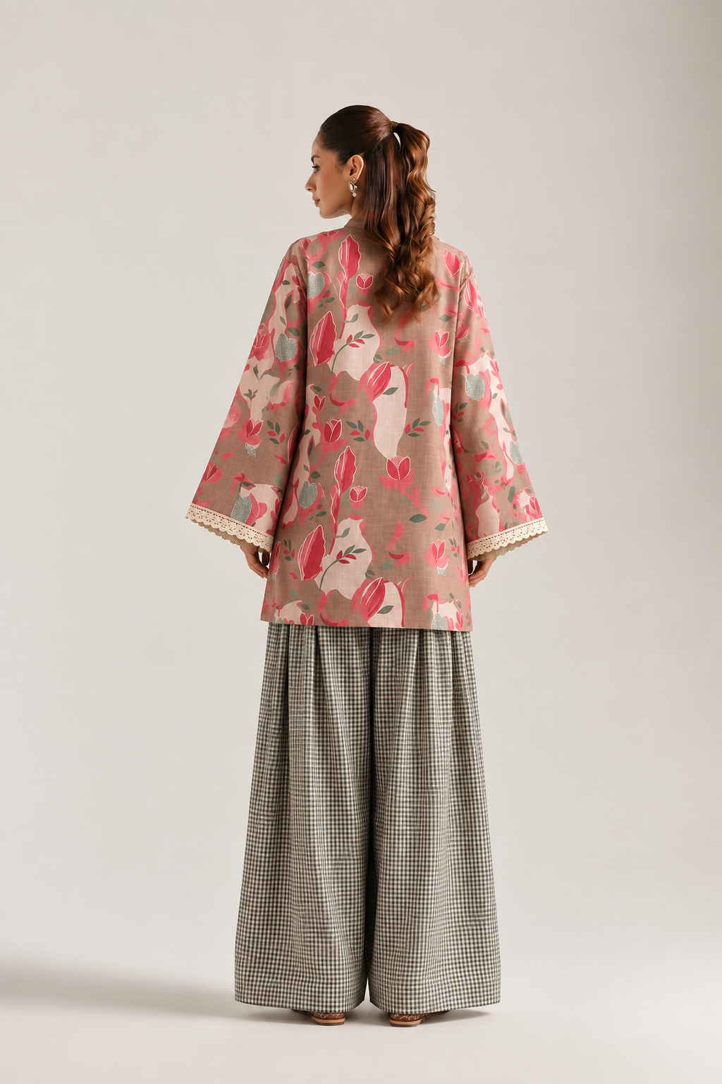 Dusty Rose Tulip Gingham Farsi Salwar Co-ord Set for Women