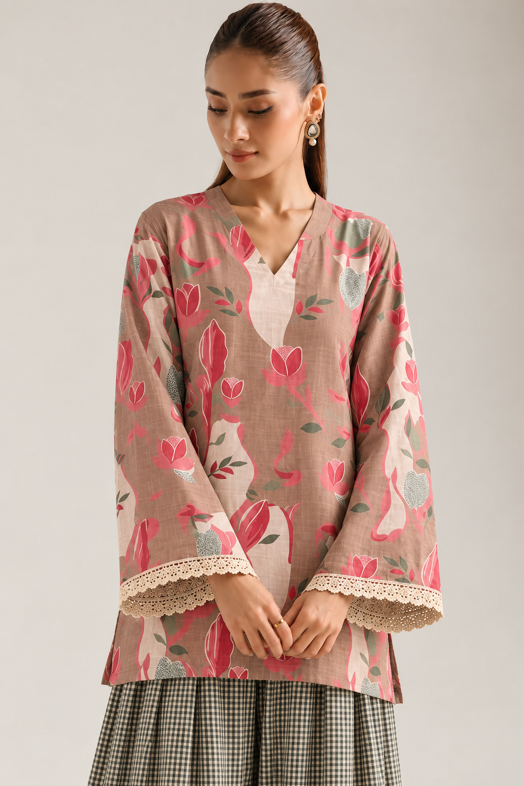 Dusty Rose Tulip Gingham Farsi Salwar Co-ord Set for Women