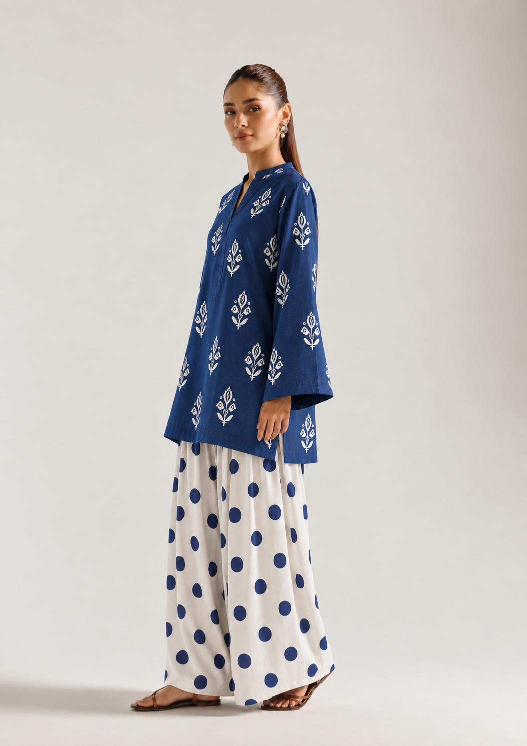 Indigo Ivory Botanical Polka Farsi Salwar Co-ord Set for Women