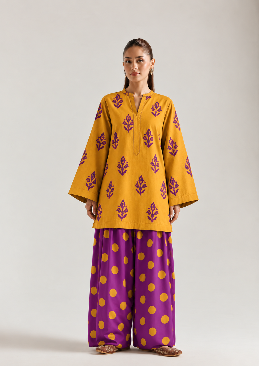 Mustard Orchid Botanical Polka Farsi Salwar Co-ord Set for Women