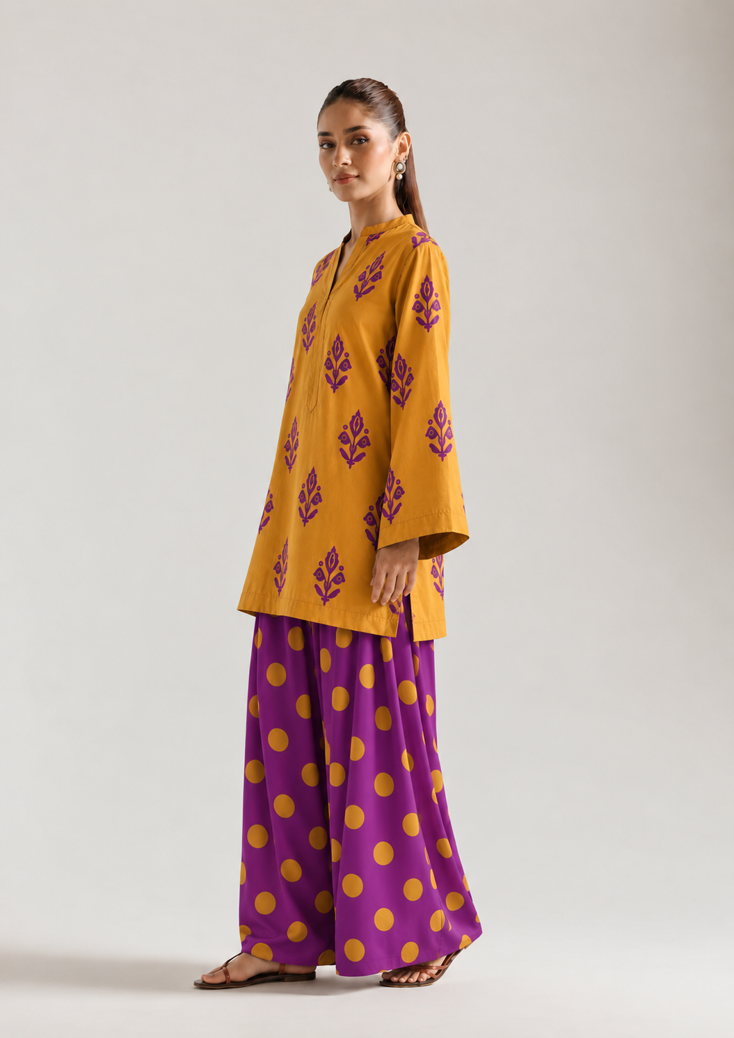 Mustard Orchid Botanical Polka Farsi Salwar Co-ord Set for Women