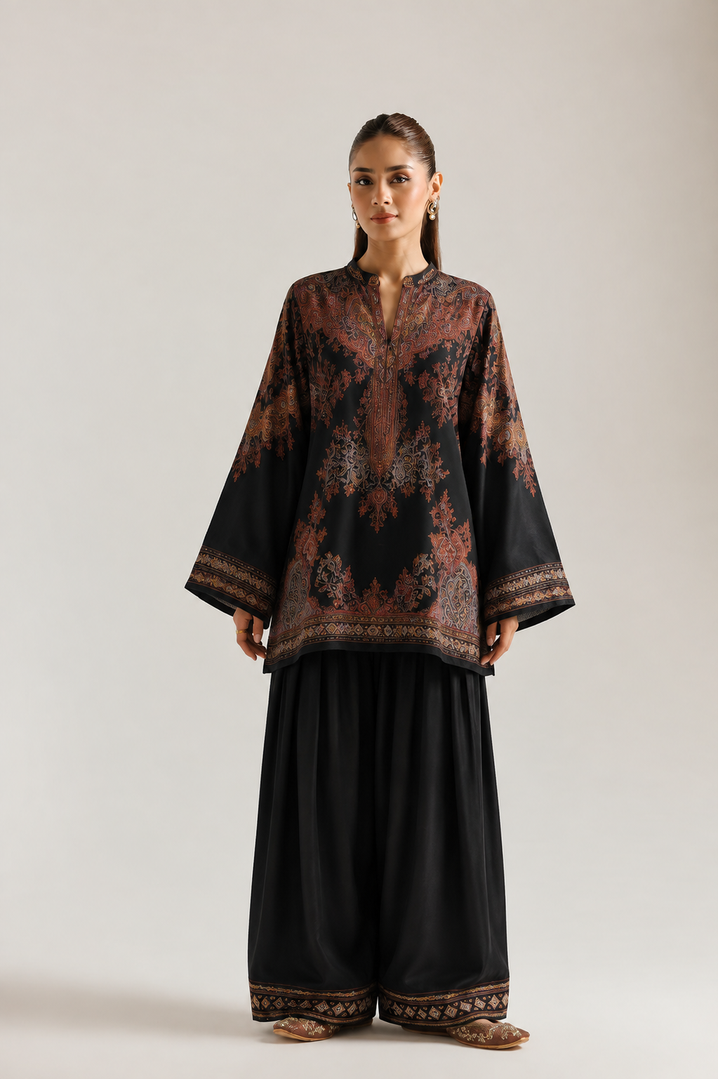 Black Ethnic Paisley Print V-Neck Pure Cotton Farsi Salwar Co-Ord Set For Women