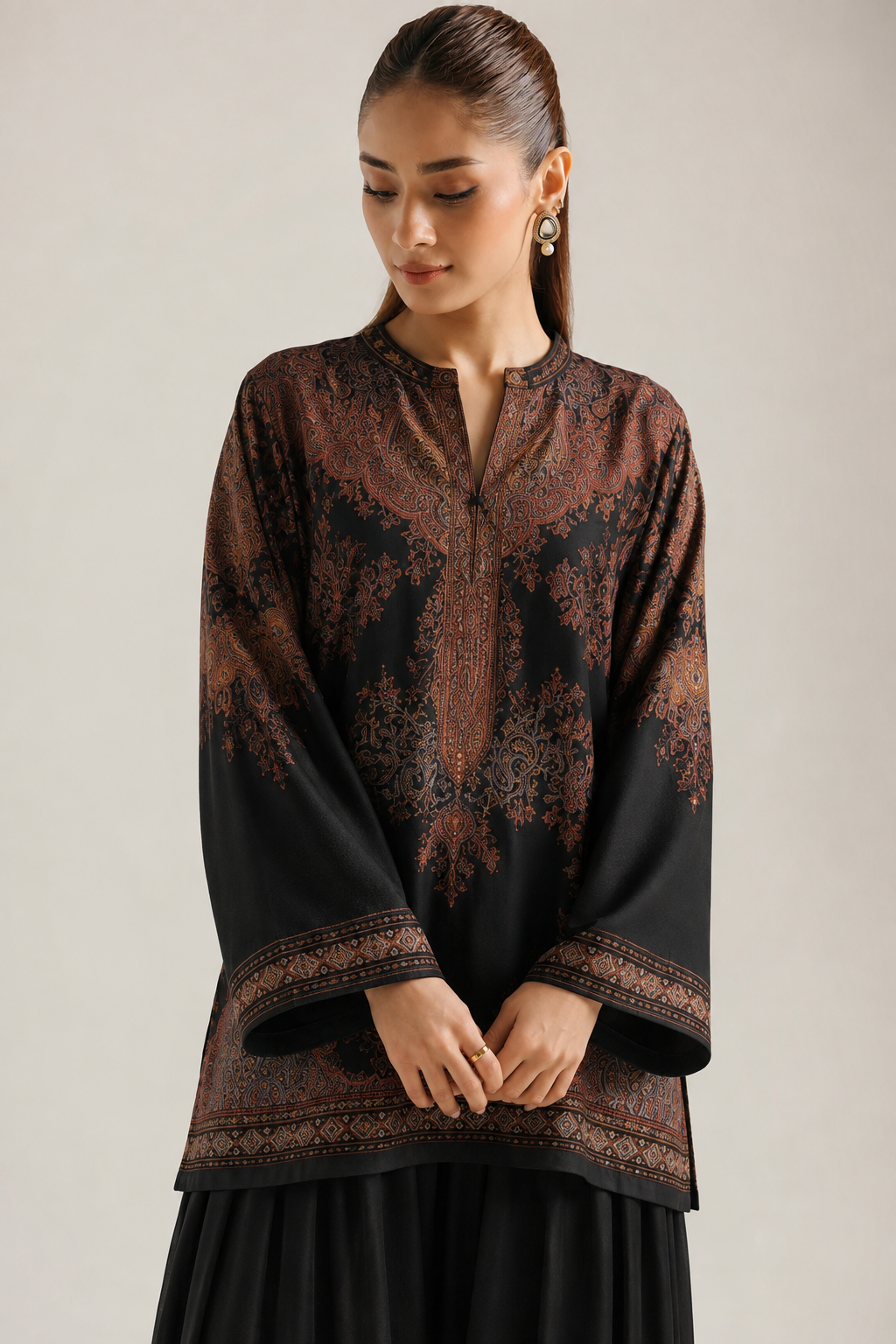 Black Ethnic Paisley Print V-Neck Pure Cotton Farshi Salwar Co-Ord Set For Women