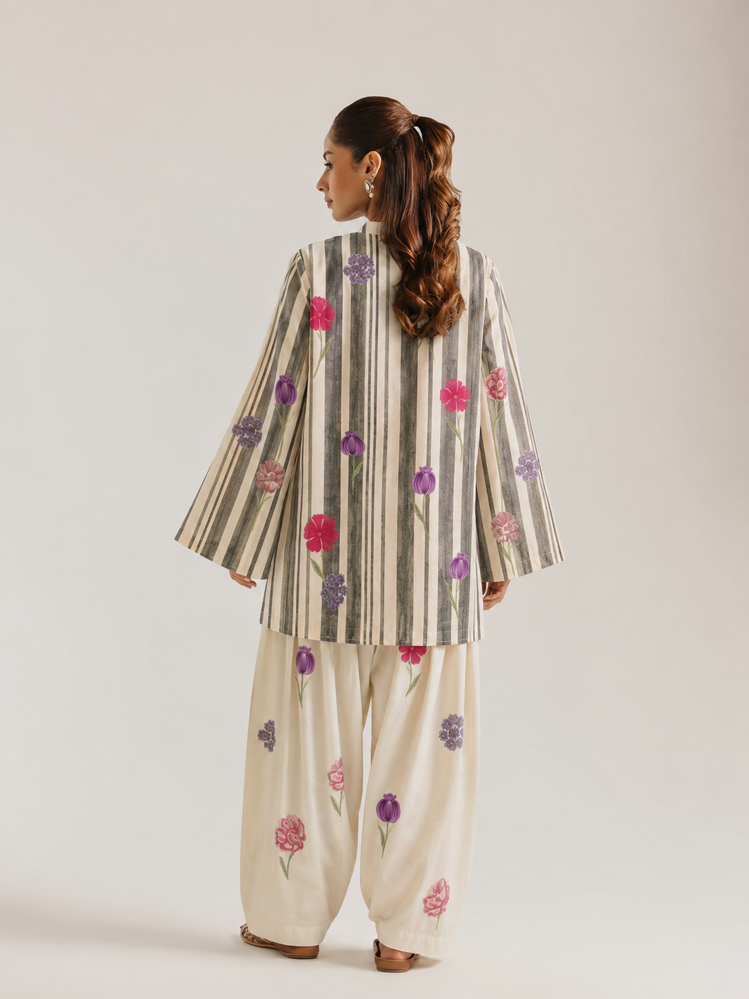 Off White Floral Striped Print Mandarin Neck Pure Cotton Farshi Salwar Co-Ord Set For Women