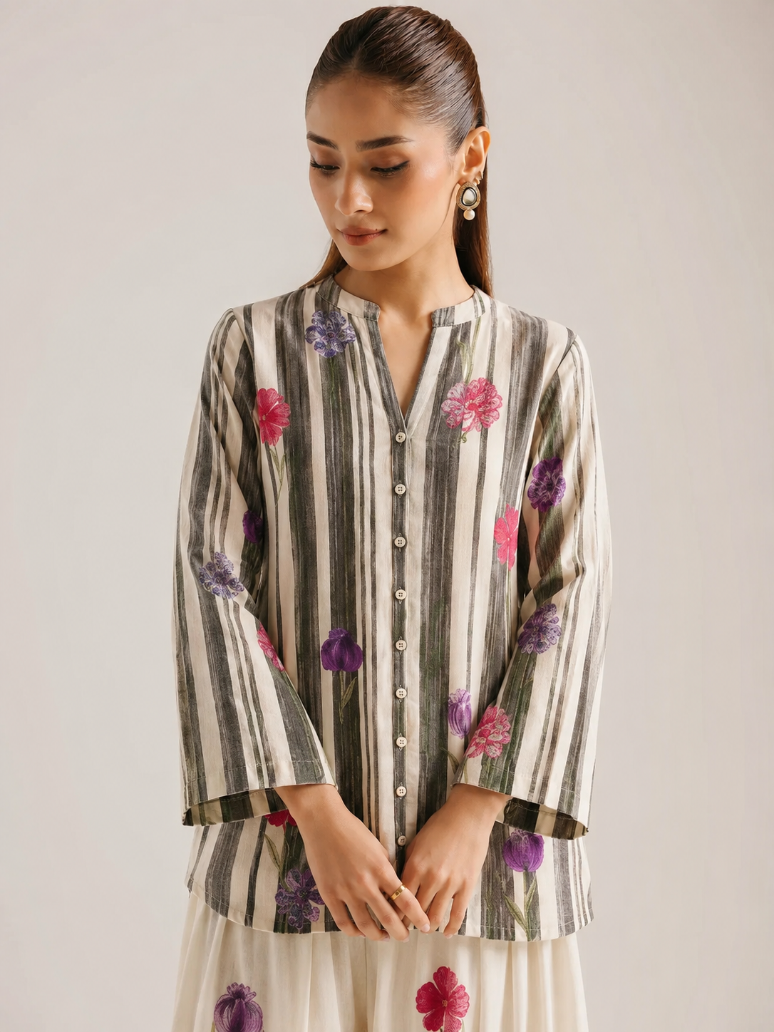Off White Floral Striped Print Mandarin Neck Pure Cotton Farsi Salwar Co-Ord Set For Women