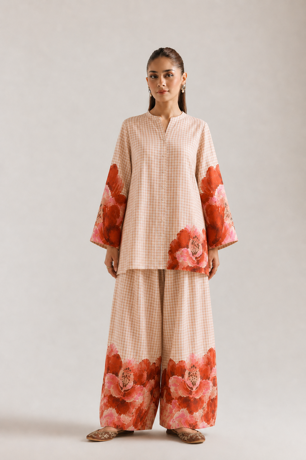 Cream Floral Print V-Neck Pure Cotton Farsi Salwar Co-Ord Set For Women