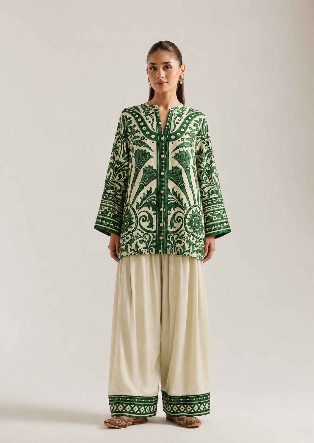 Green Floral Print Mandarin Neck Farsi Salwar Co-Ord Set For Women