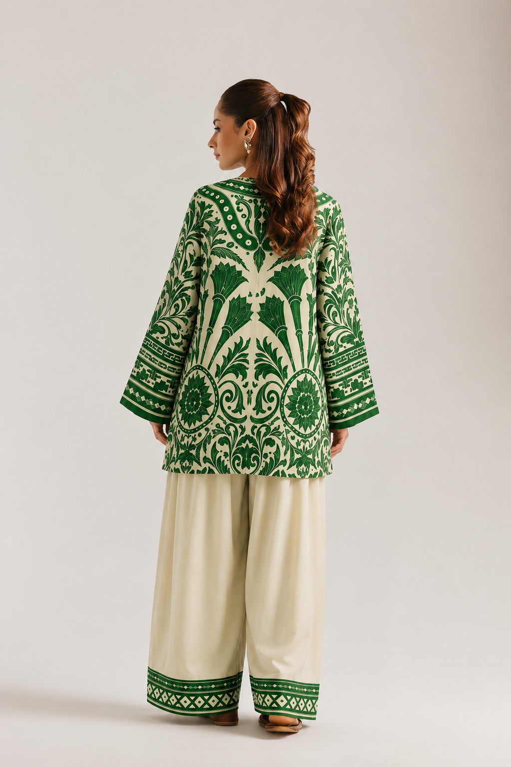 Green Floral Print Mandarin Neck Farsi Salwar Co-Ord Set For Women