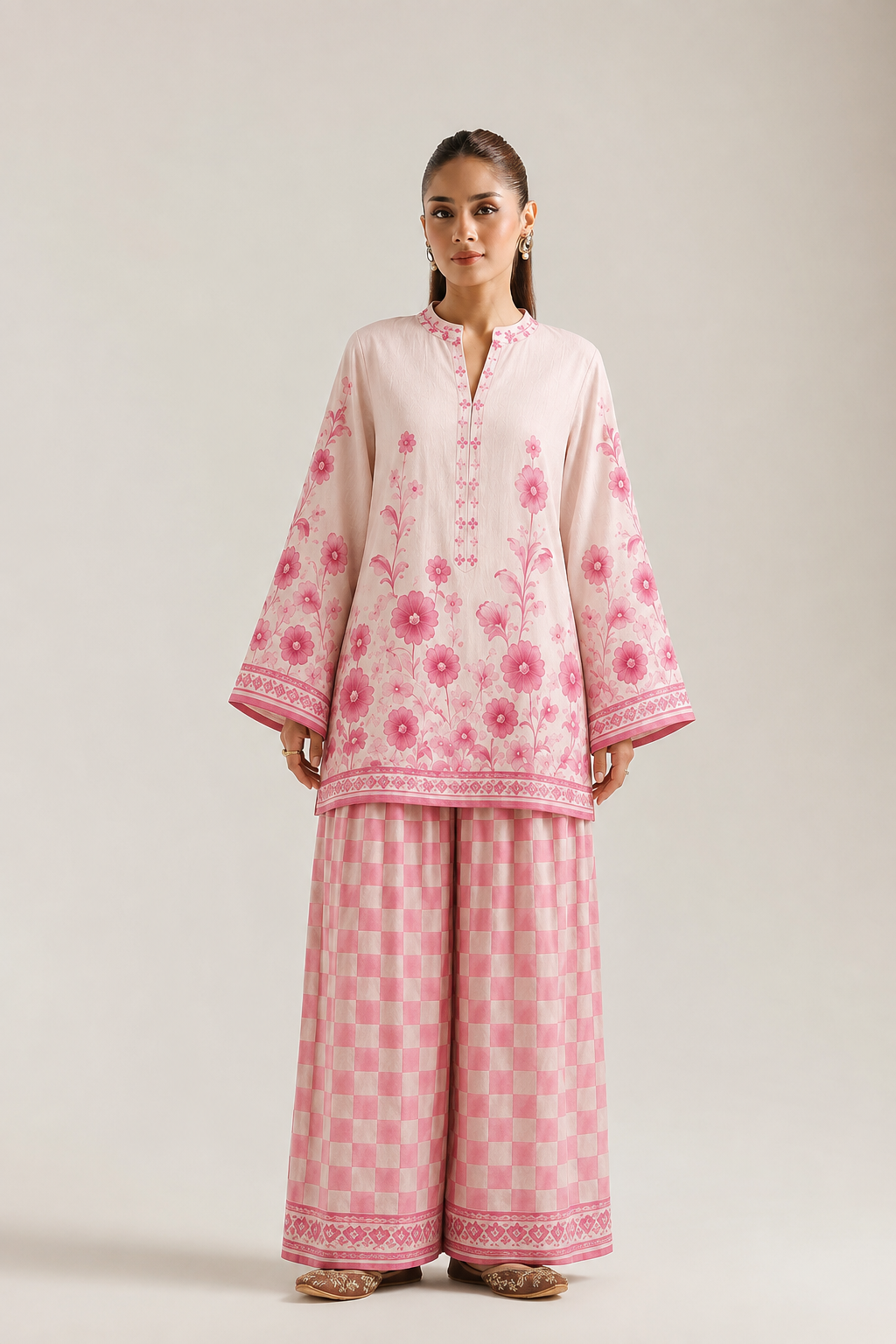 Off White Floral Print Mandarin Collar Pure Cotton Farsi Salwar Co-Ord Set For Women