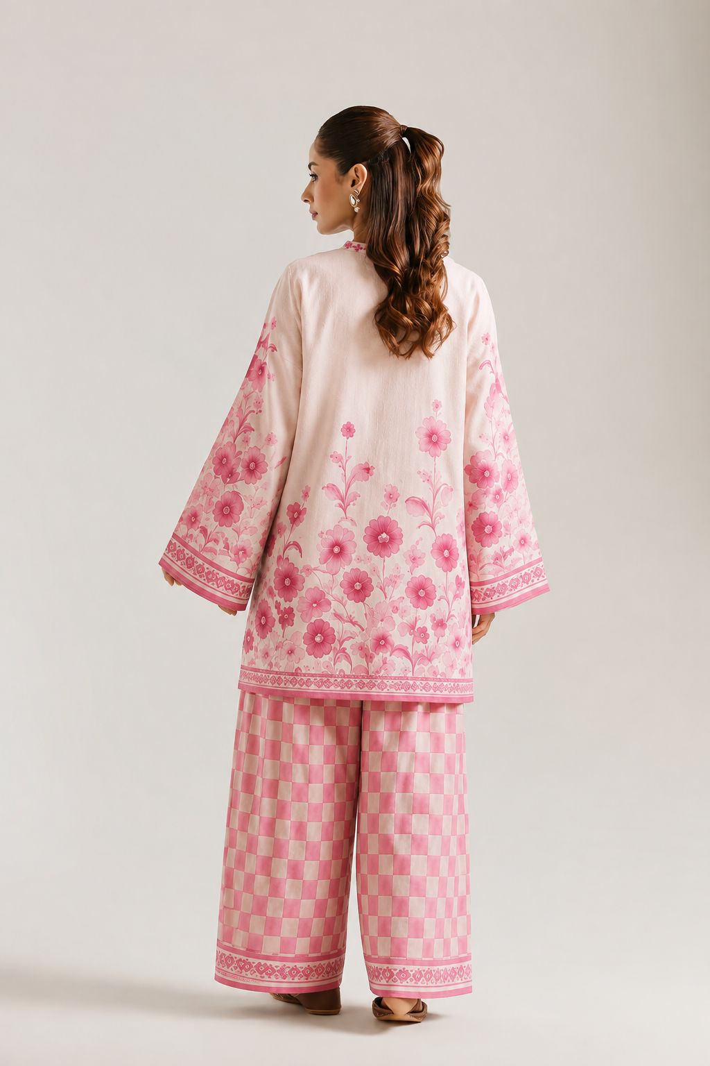 Off White Floral Print Mandarin Collar Pure Cotton Farsi Salwar Co-Ord Set For Women