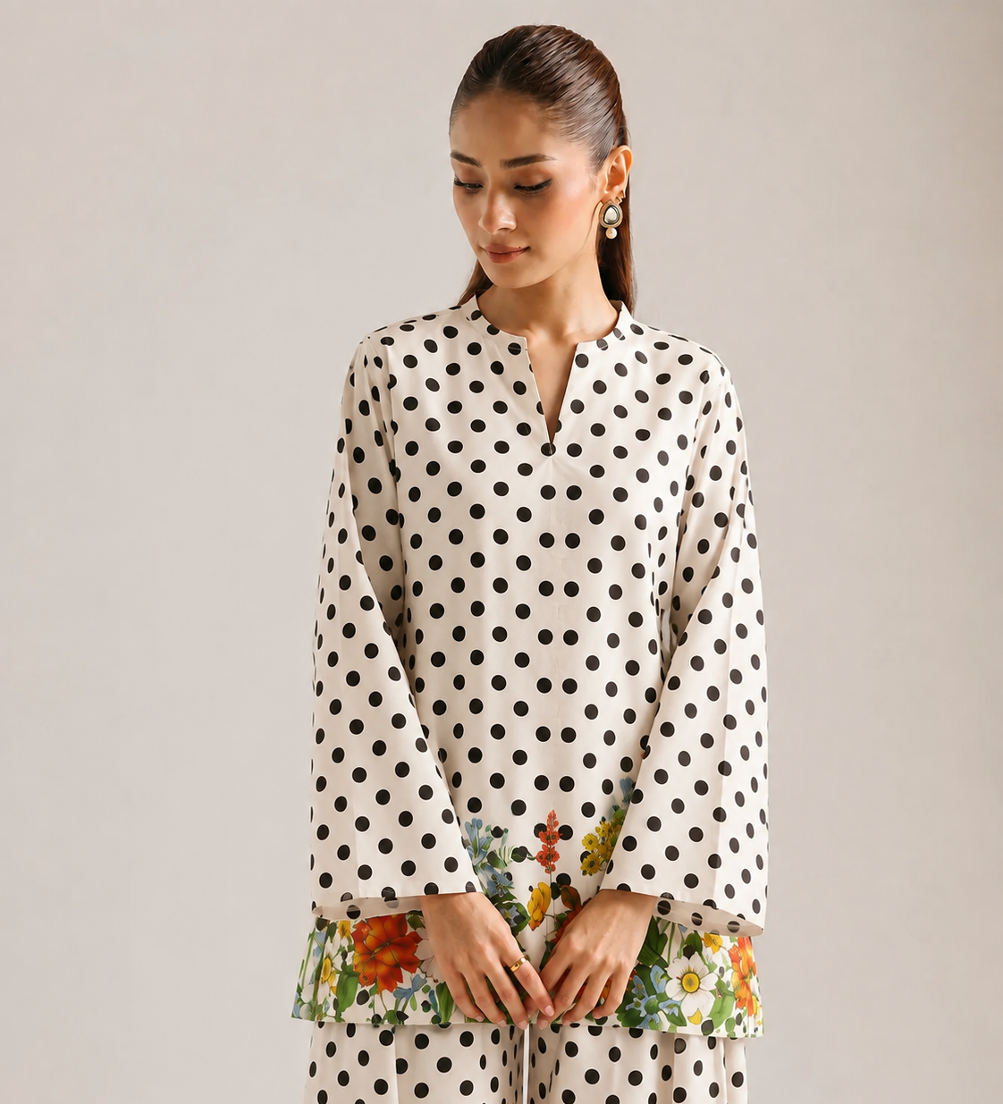 White Polka Dot Floral Print Mandarin Neck Farshi Salwar Co-Ord Set For Women