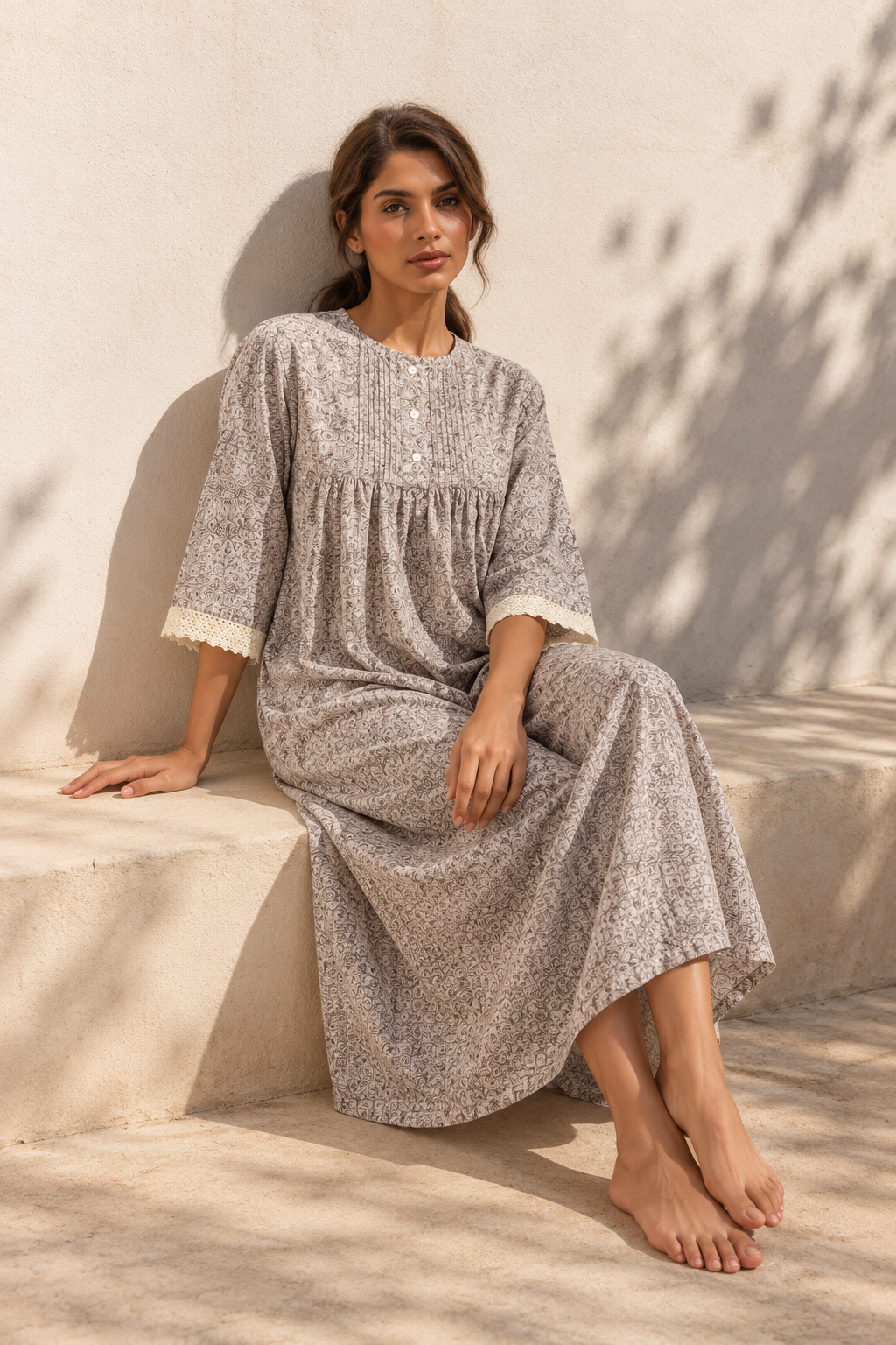 Beige Round Neck Floral Print Pure Cotton Nightdress For Women