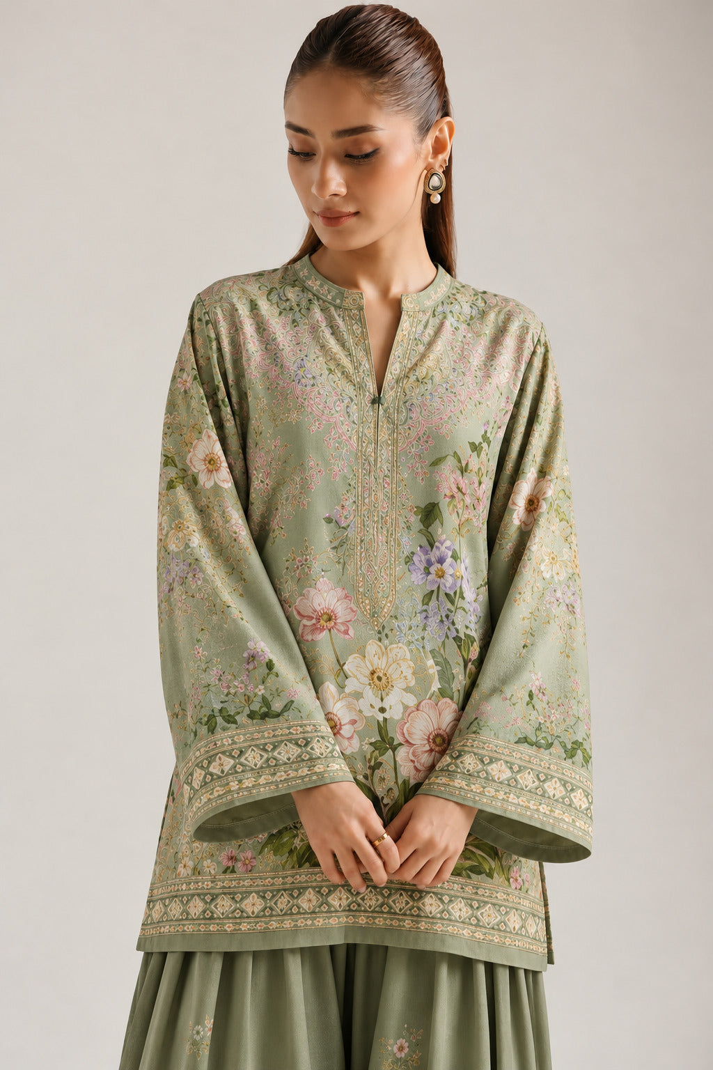 Sage Green Botanical Floral Print Tunic & Farshi Salwar Co-Ord Set