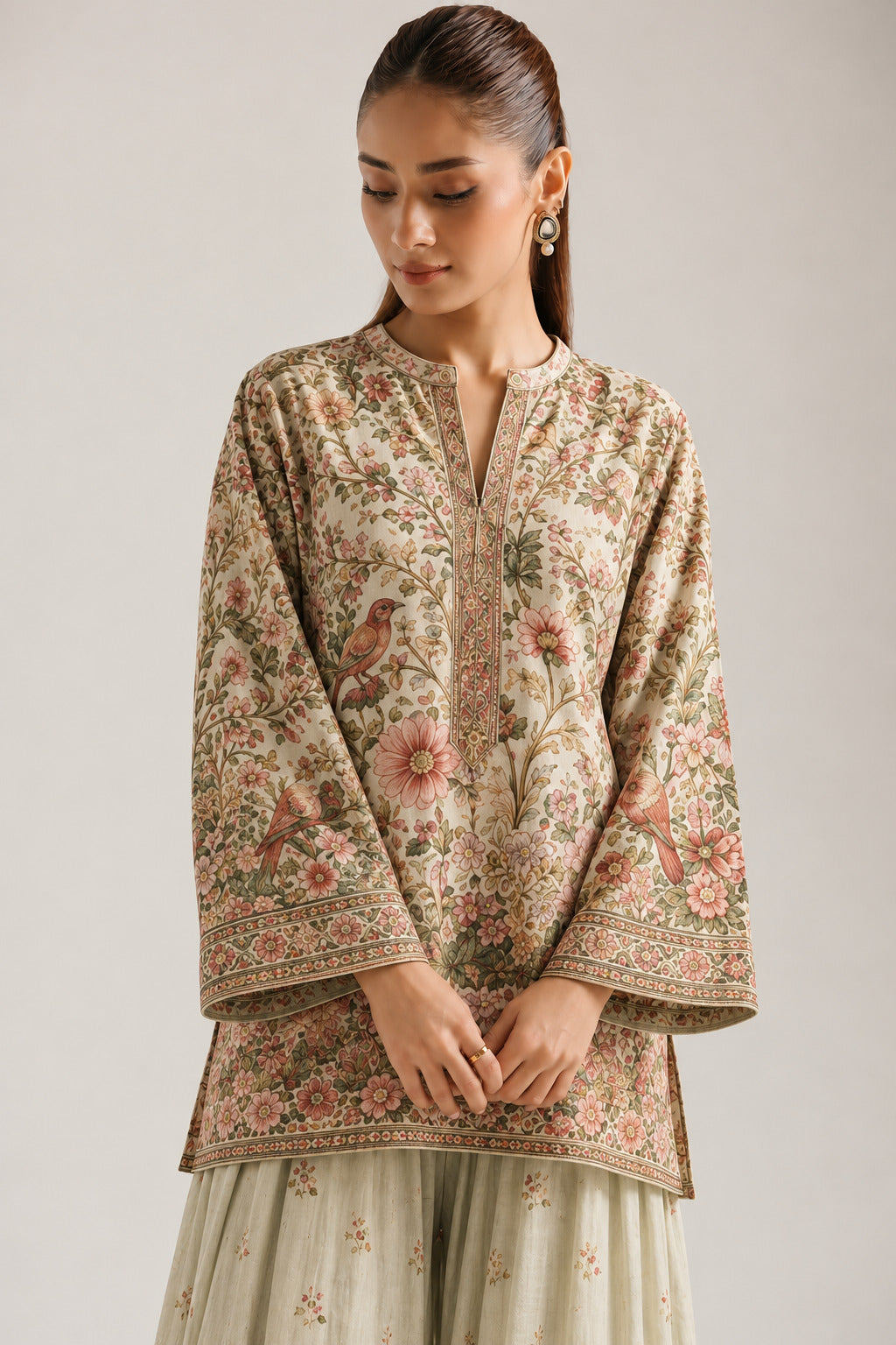 Green Floral & Bird Print Tunic & Farshi Salwar Co-Ord Set For Women