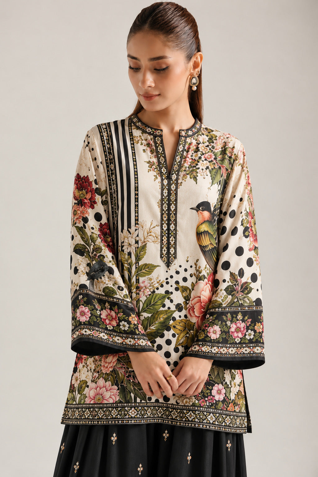 Black Mandarin Neck Tropical &  Polka Print Tunic With Farshi Salwar Co-Ord Set