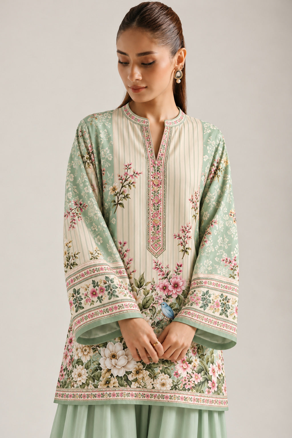 Mint Green Pastel Floral & Striped Tunic With Farshi Salwar Co-Ord Set