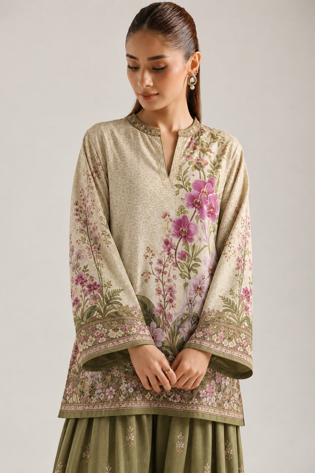 Olive Green Mandarin Neck Floral Print Tunic & Farshi Salwar Co-Ord Set