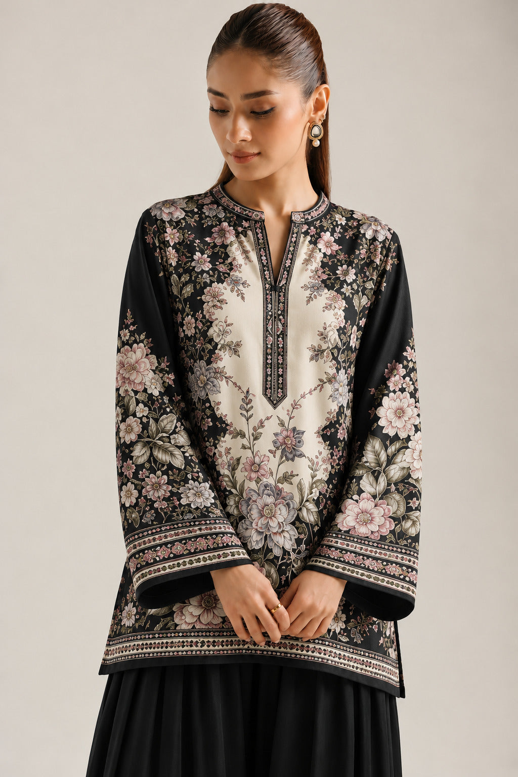 Black Nocturnal Floral Print Tunic & Farshi Salwar Co-Ord Set For Women