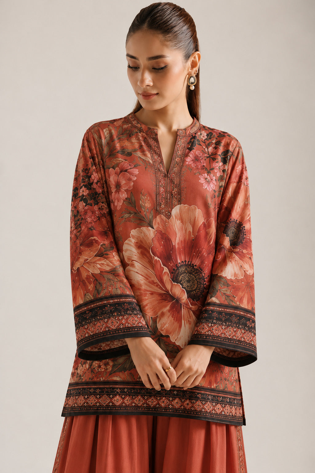 Red Statement Mandarin Neck  Floral Tunic & Farshi Salwar Co-Ord Set