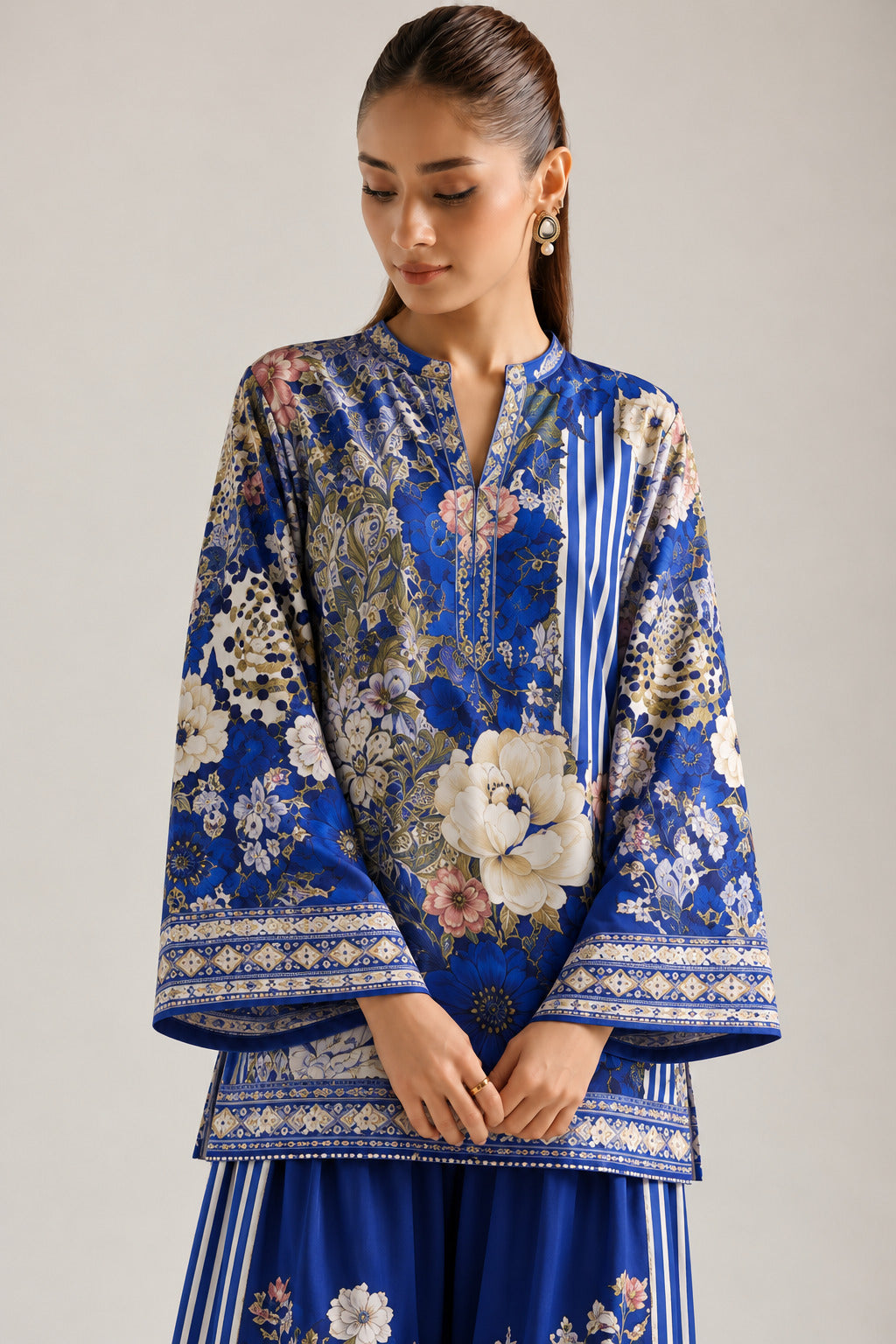 Blue Botanical Floral & Striped Tunic & Farshi Salwar Co-Ord Set For Women