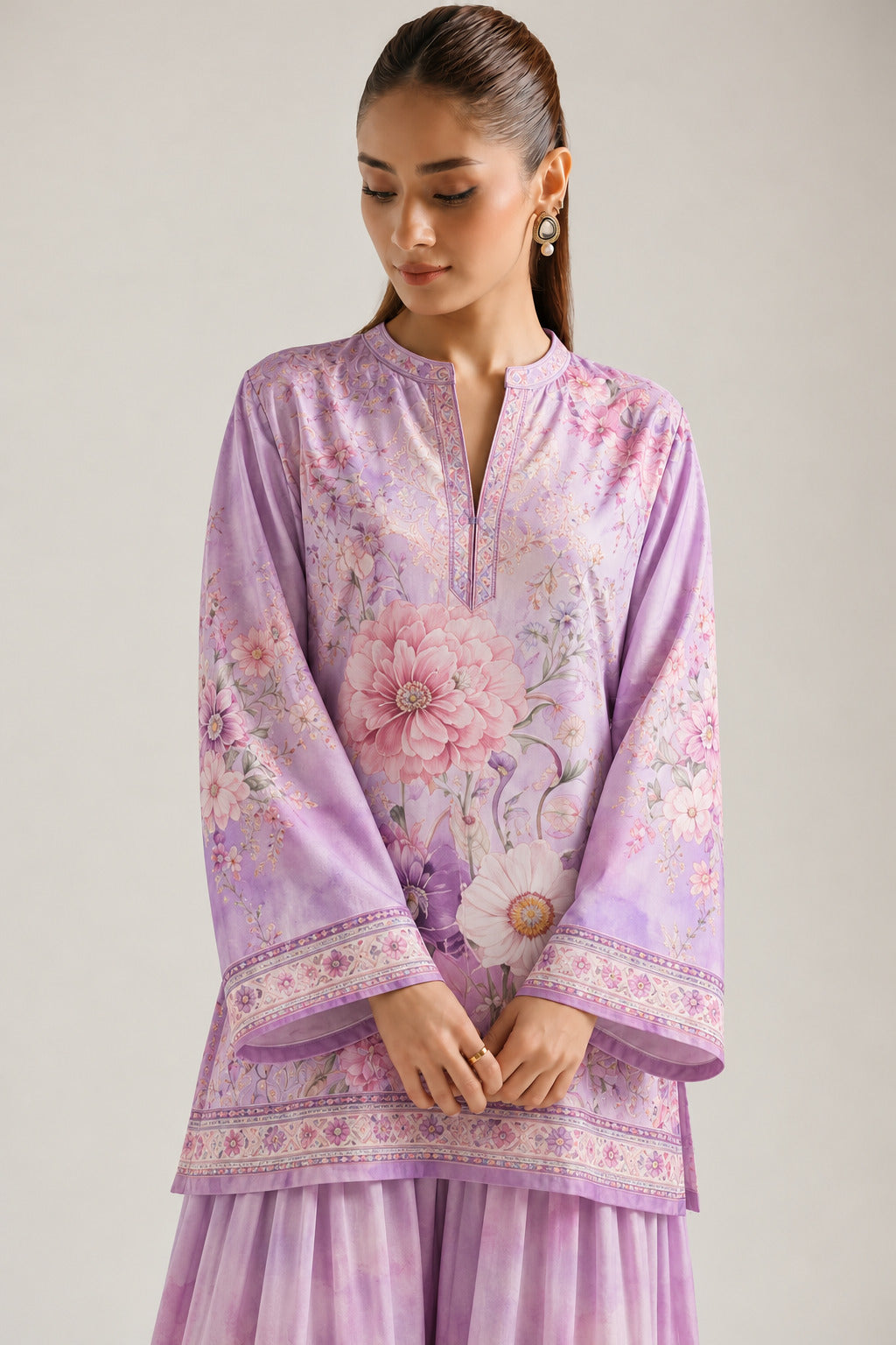 Purple Blossom Mandarin Neck Tunic & Farshi Salwar Co-Ord Set
