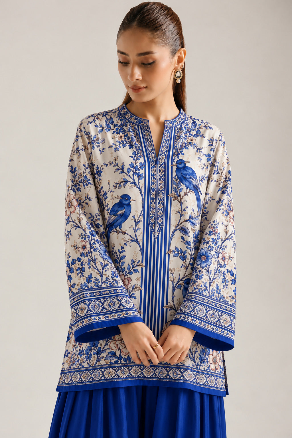 Blue Avian & Floral Print Tunic With Royal Blue Farshi Salwar Co-Ord Set