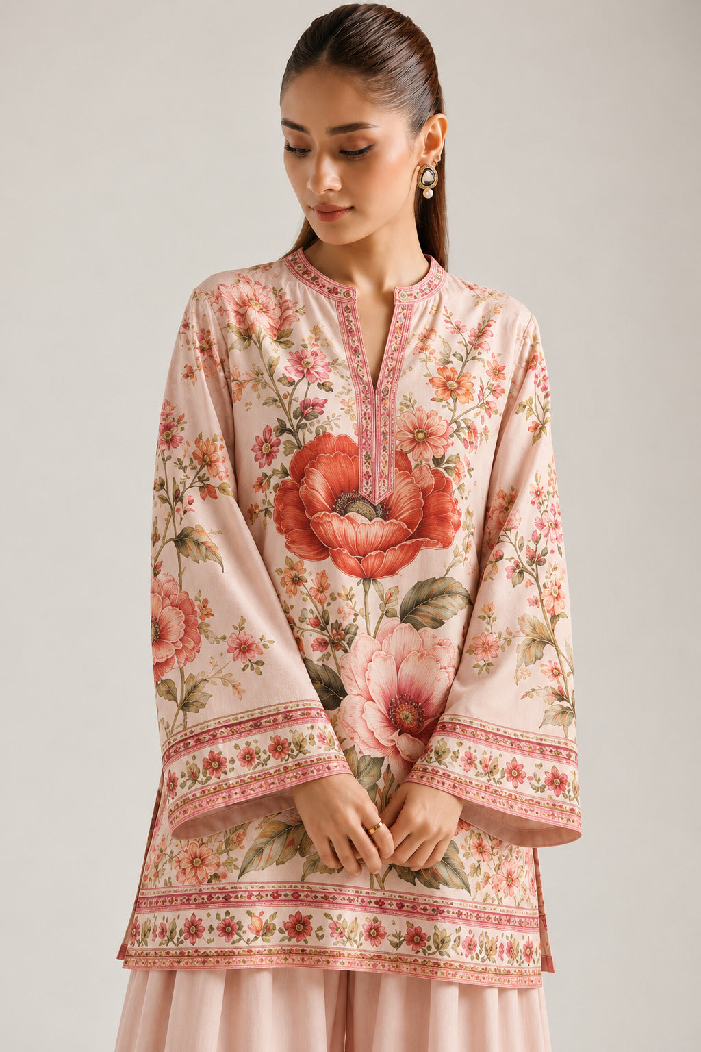 Pink Mandarin Neck Floral Statement Tunic & Farshi Salwar Co-Ord Set