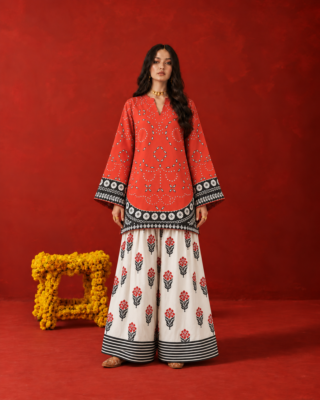 Coral Red V-Neck Floral Print Farshi Salwar Suit Co-Ord Set For Women