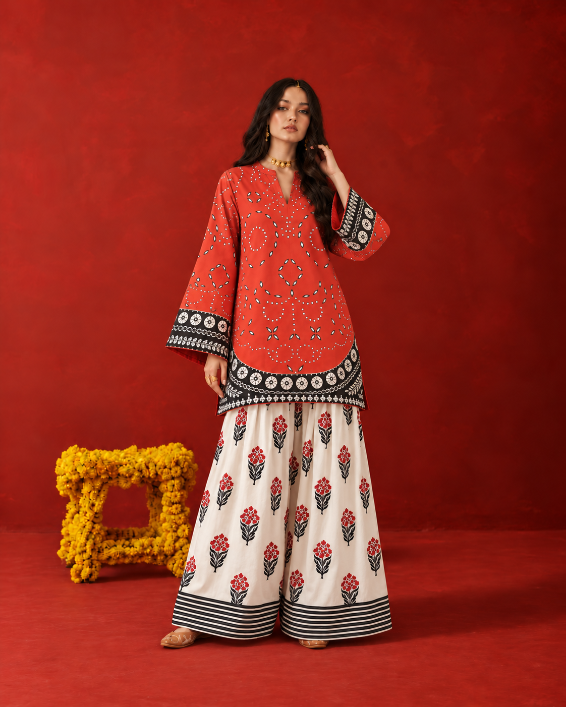Coral Red V-Neck Floral Print Farshi Salwar Suit Co-Ord Set For Women