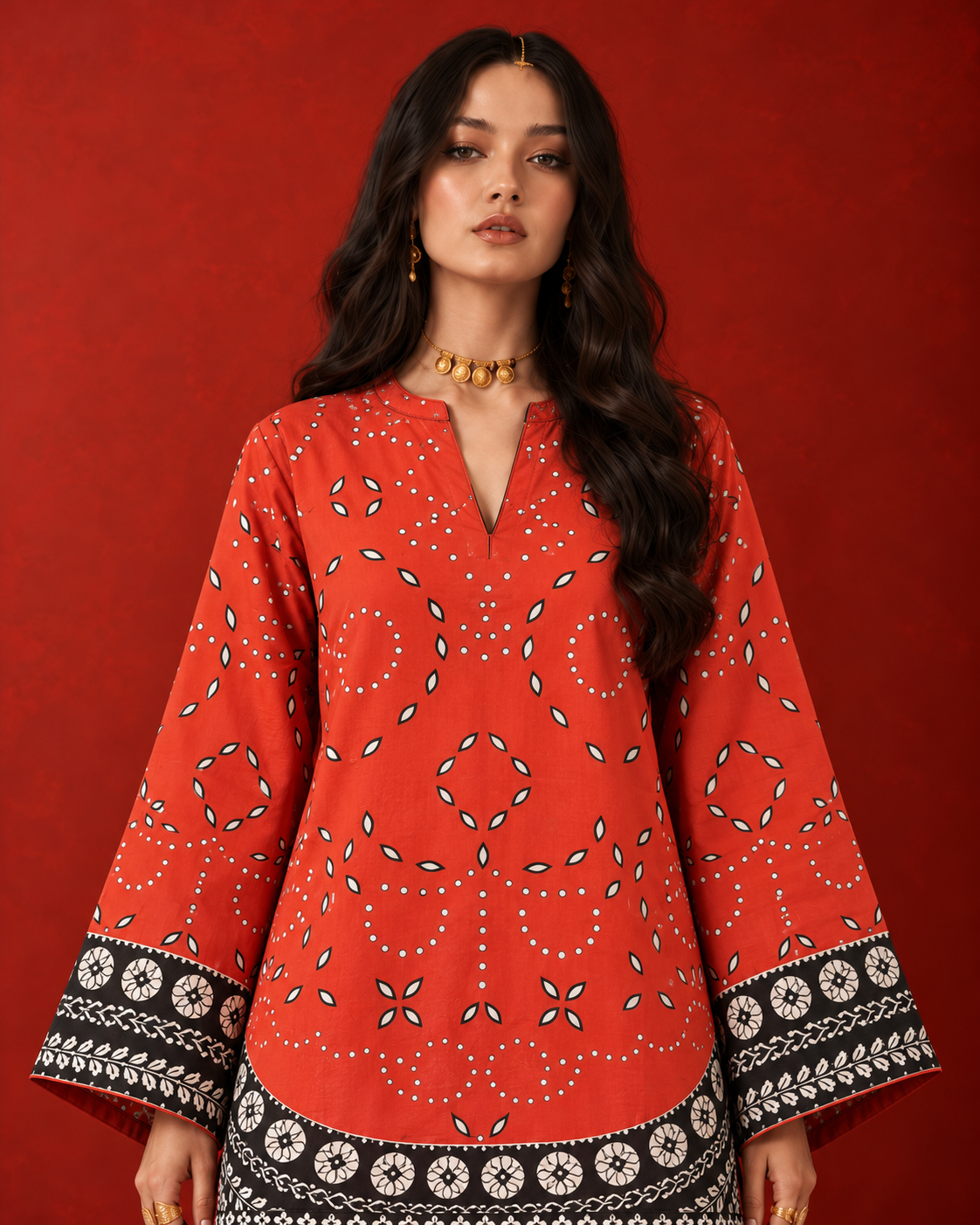 Coral Red V-Neck Floral Print Farshi Salwar Suit Co-Ord Set For Women