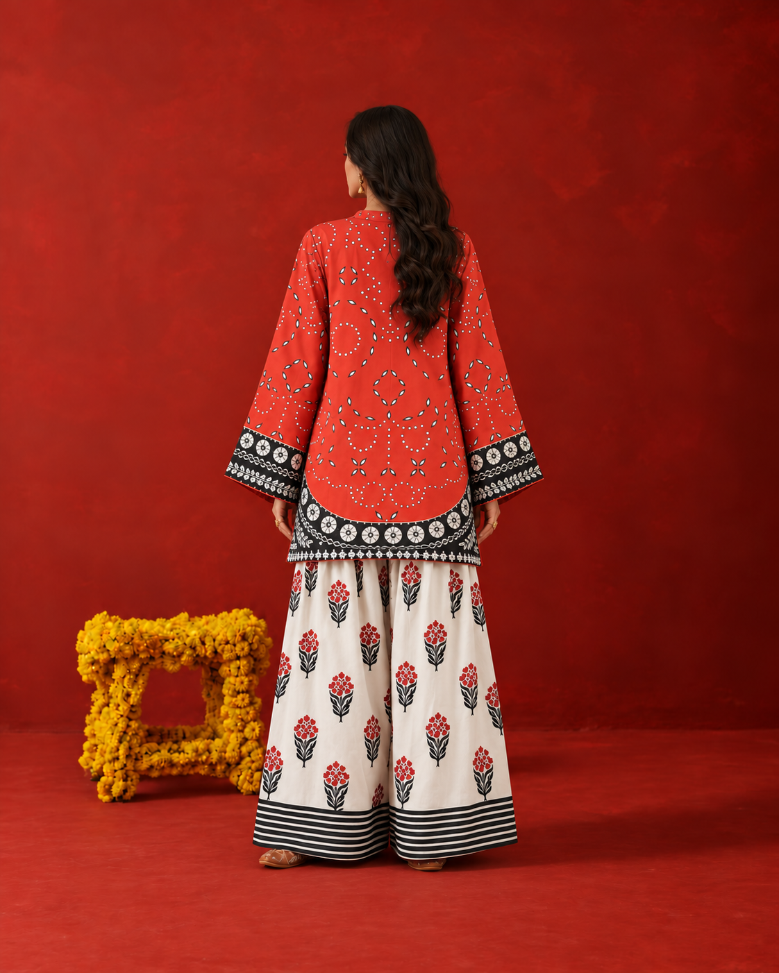 Coral Red V-Neck Floral Print Farshi Salwar Suit Co-Ord Set For Women