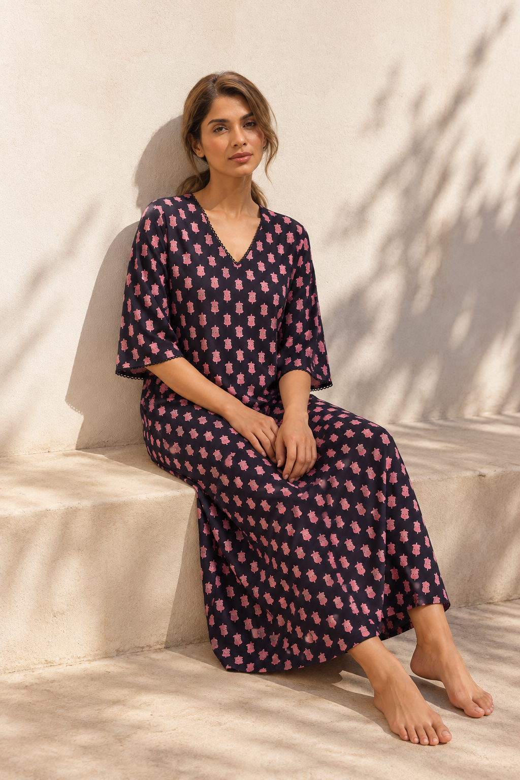 Black V-Neck Ethnic Motifs Floral Print Nighty For Women