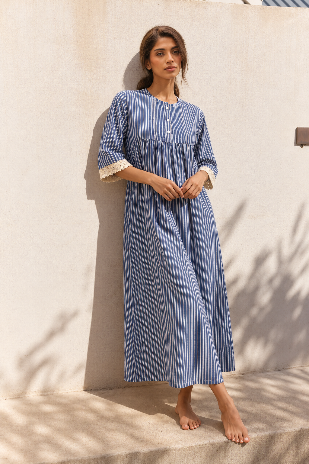 Blue Round Neck Stripes Maxi Pure Cotton Nighty For Women