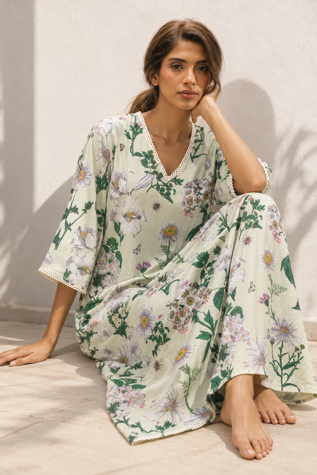 White Floral Print V-Neck Maxi Pure Cotton Nighty For Women