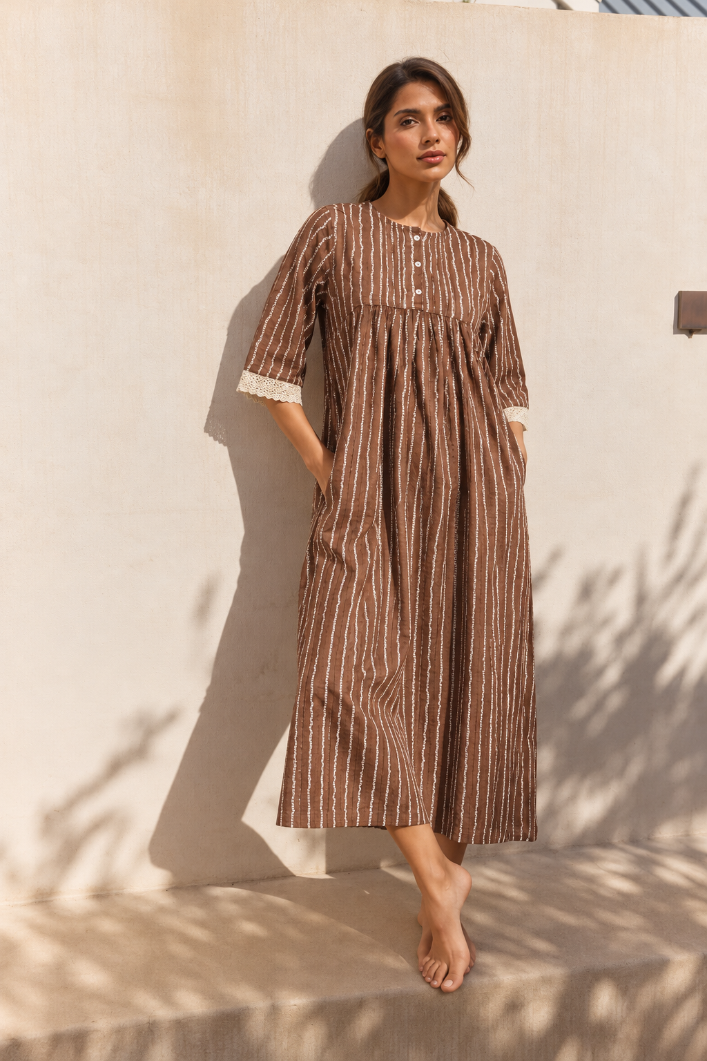 Brown Round Neck Stripes Print Pure Cotton Nighty For Women