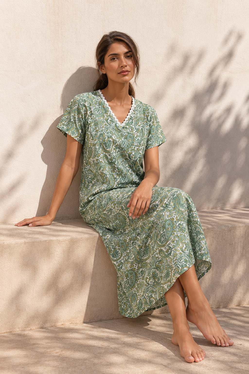 Blue V-Neck Paisley Maxi Length Pure Cotton Nighty For Women