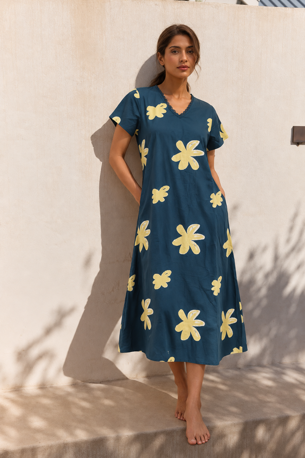 Navy Blue Floral Print V-Neck Pure Cotton Nighty For Women