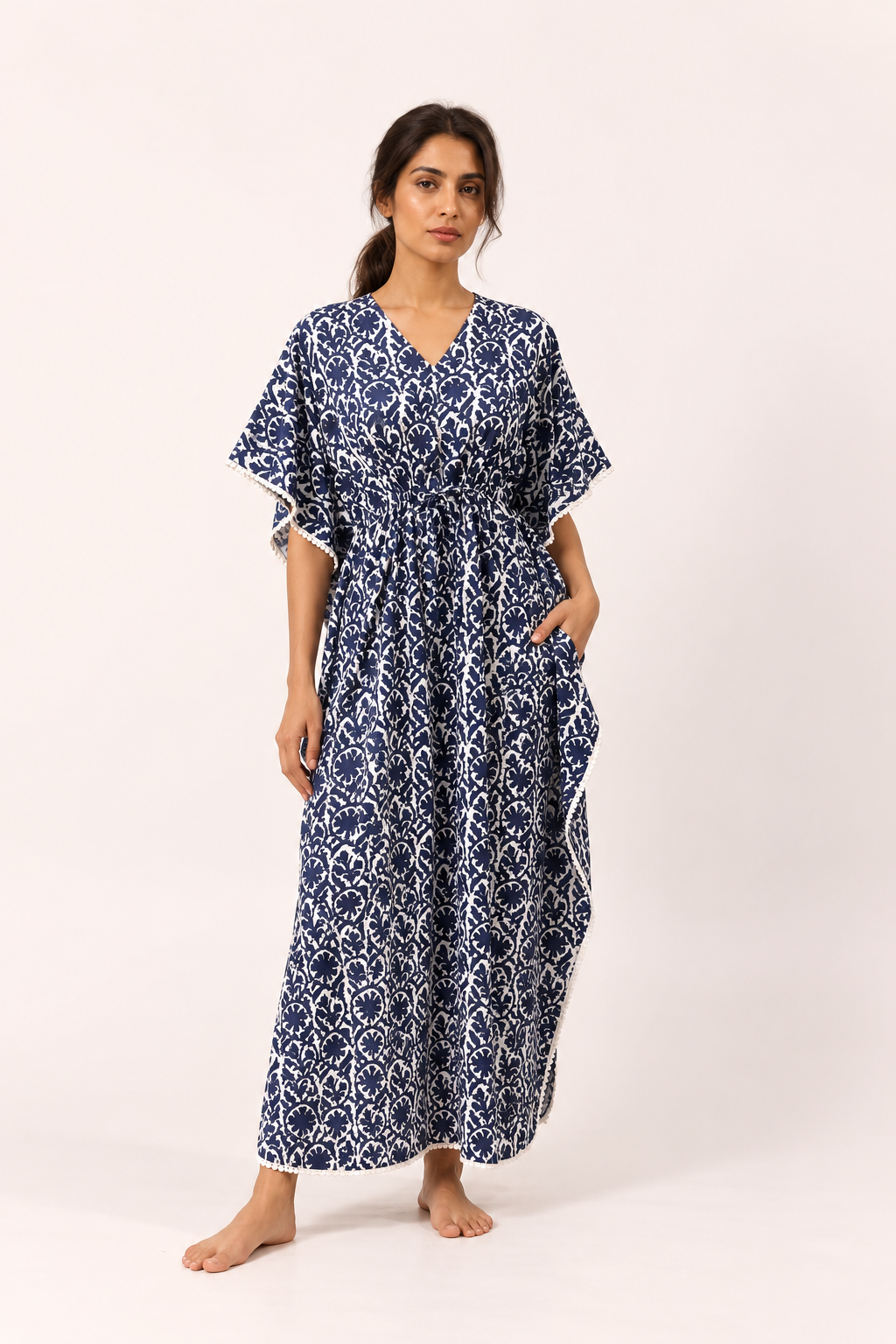 Navy Blue V-Neck Maxi Pure Cotton Floral Nighty For Women
