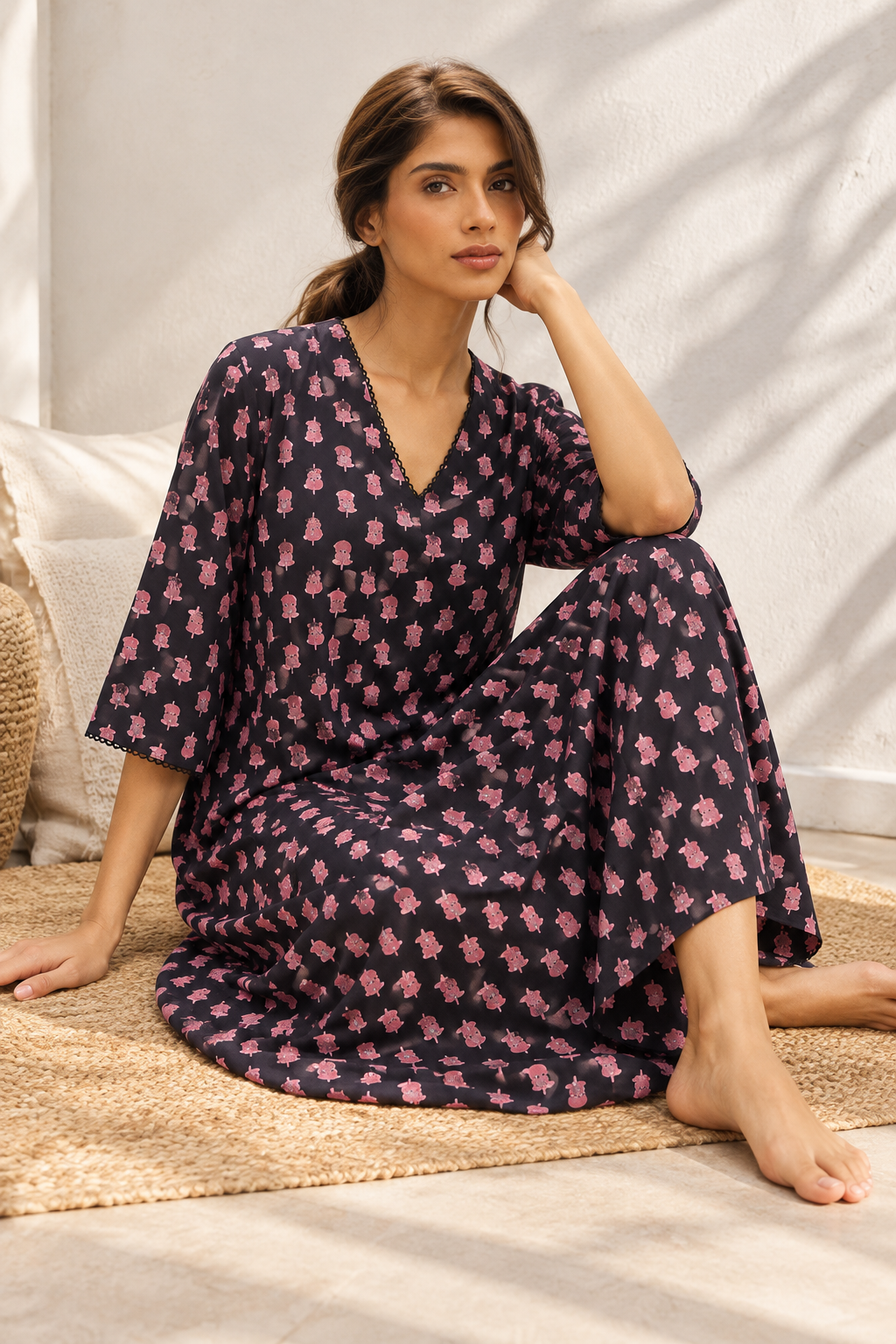 Black V-Neck Ethnic Motifs Floral Print Nighty For Women
