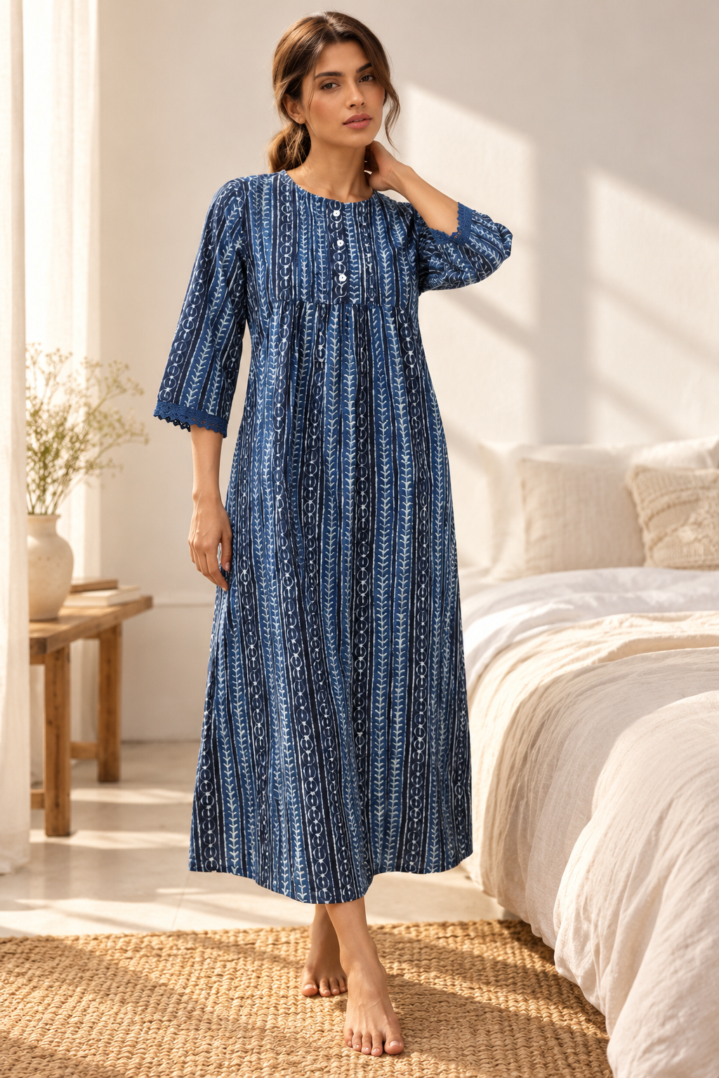 Navy Blue Round Neck Pure Cotton Striped Nighty For Women