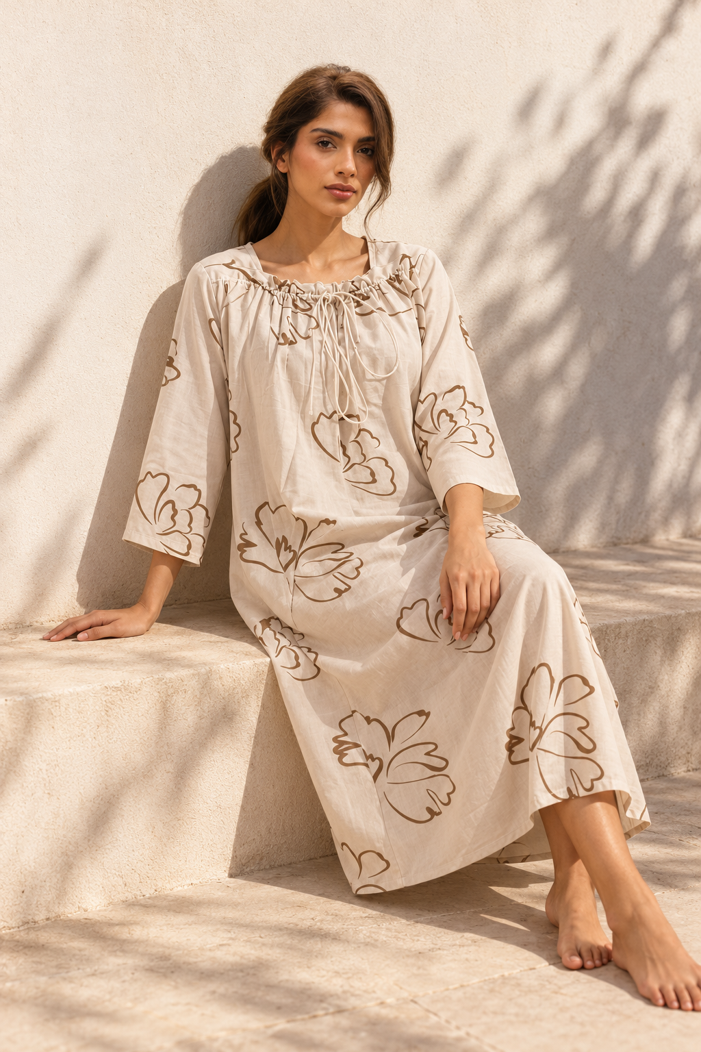 Off White Square Neck Knee Length Pure Cotton Floral Nighty For Women
