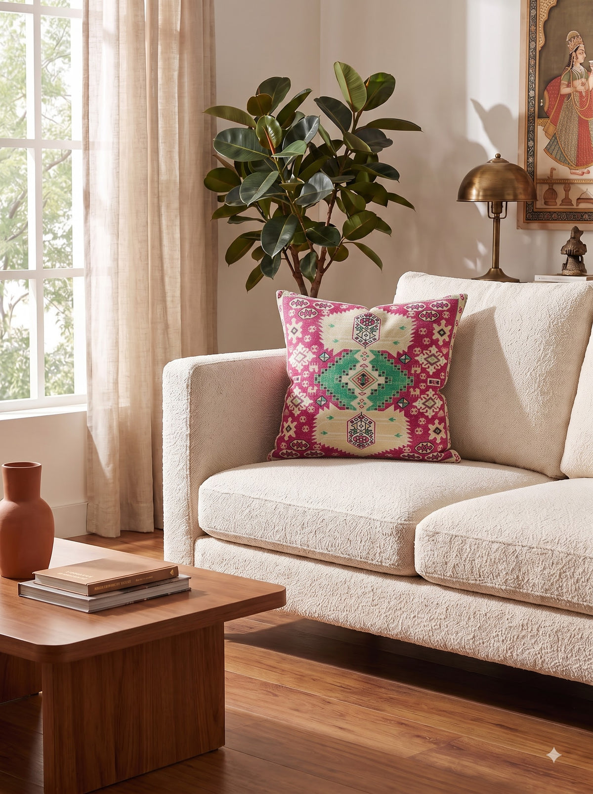 Pink Ethnic Motif Cotton Cushion Cover With Emerald & Ivory Accents