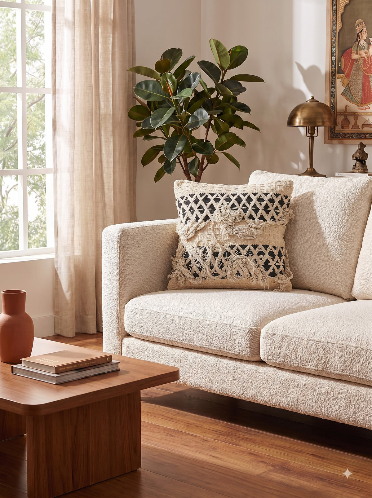Cream Cotton Tufted Cushion Cover With Black Lattice Pattern & Layered Tassels