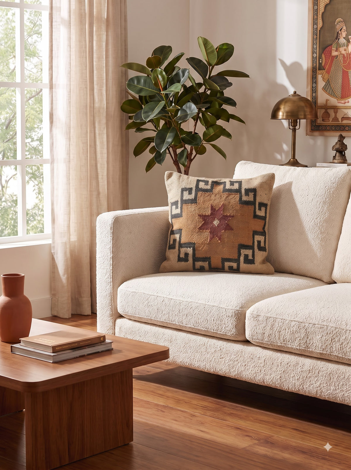 Camel Brown Cotton Cushion Cover With Southwestern Star Motif & Geometric