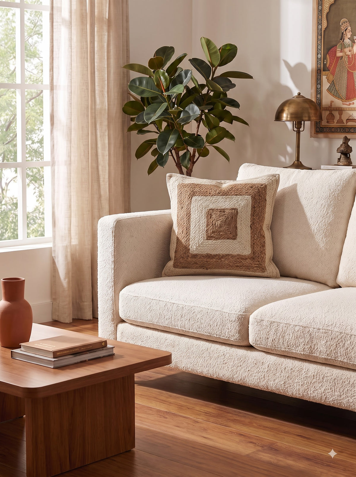 Beige Cotton Tufted Cushion Cover with Nested Geometric Square Motif