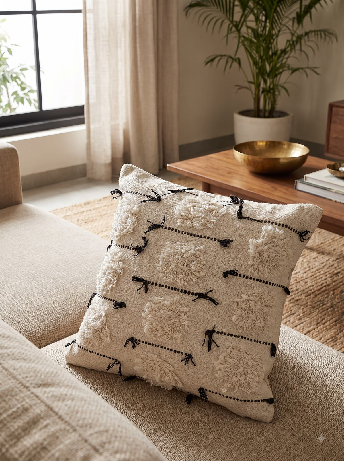 White Textured Embroidered Cotton Square Cushion Cover