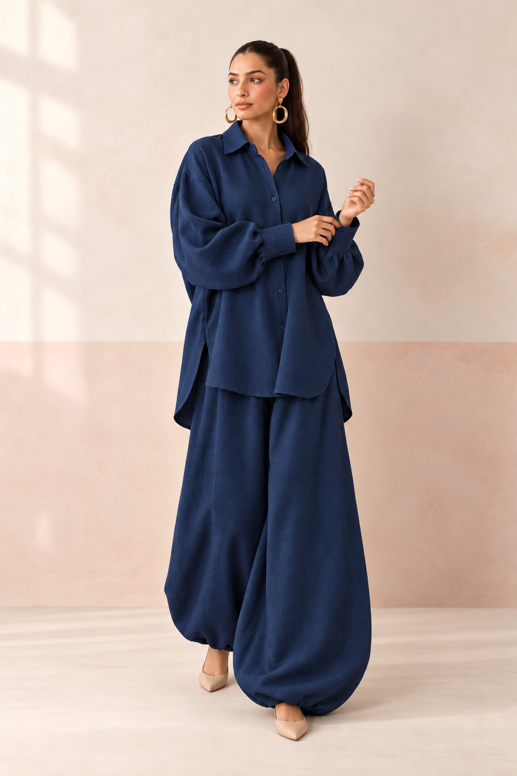 Navy Blue Shirt Collar Long Sleeve Balloon Style Co-Ord Set For Women